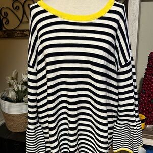 Kim Rogers Curvy Knit Striped Ladies Blouse Navy White Yellow 3X Bell Sleeves